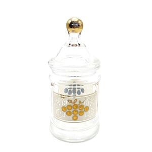 Vintage Glass Apothecary Lidded Jar Gold Grape Design Retro Vanity Decanter Dish